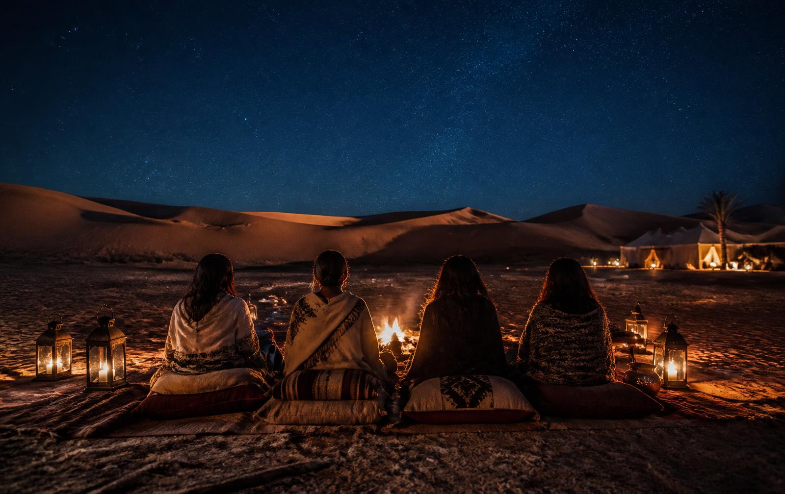 Women gathered around a fire at a desert camp beneath a star-filled sky