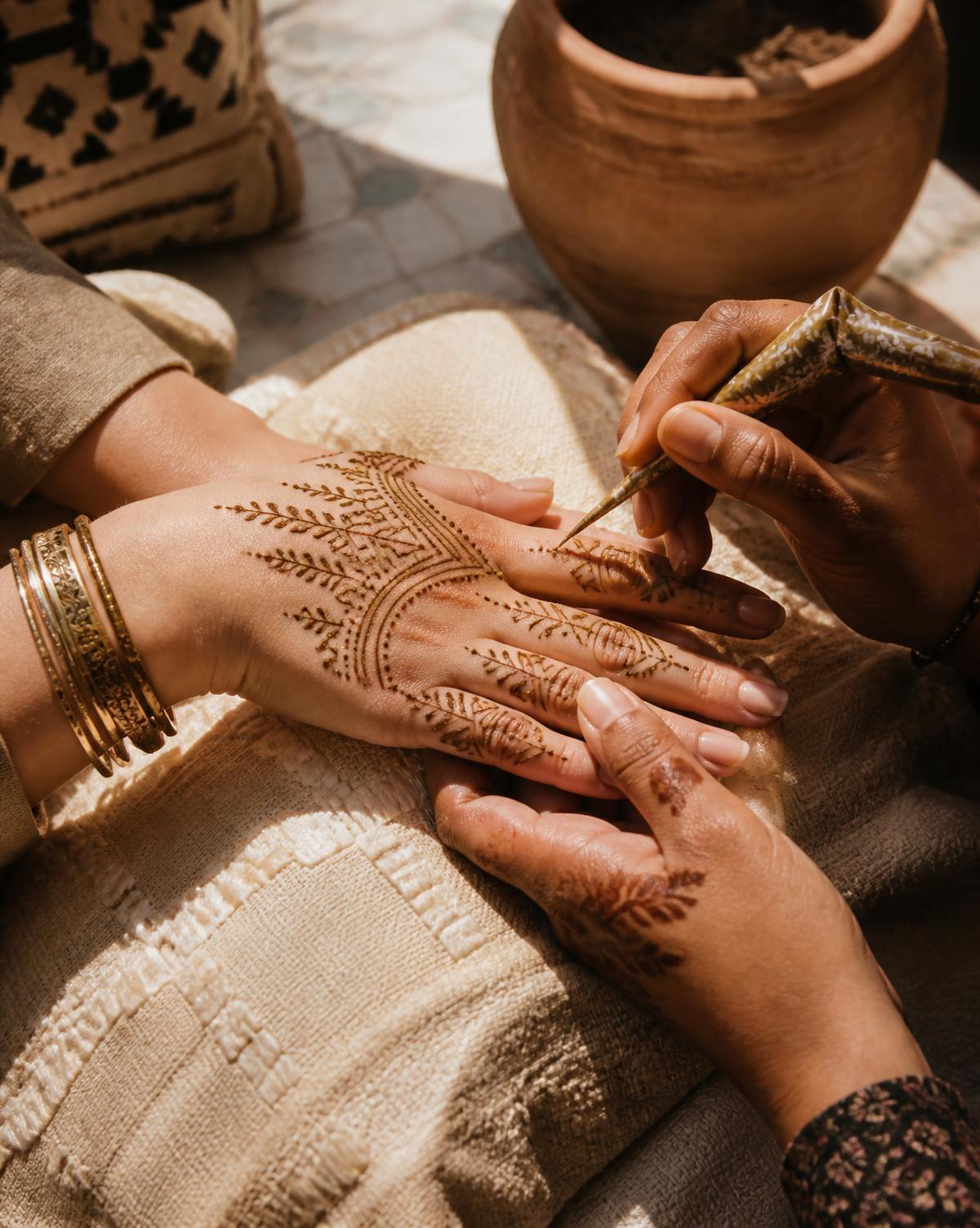 A woman's hands being adorned with traditional Moroccan henna